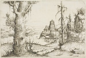 Paysage fluvial avec grand arbre au premier plan