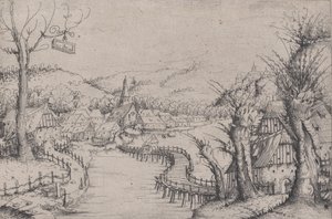 Paysage fluvial avec trois saules dénudés à droite et un long pont en bois sinueux - Augustin Hirschvogel