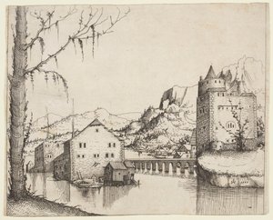 Paysage fluvial avec deux bâtiments reliés par un pont