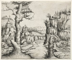 Paysage fluvial avec rochers à gauche et à droite