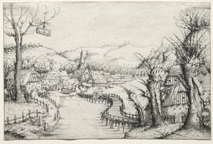 Paysage fluvial avec trois saules dénudés à droite et un long pont en bois sinueux au centre menant à un village - Augustin Hirschvogel