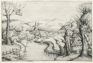 Paysage fluvial avec trois saules dénudés à droite et un long pont en bois sinueux, 1546 - Augustin Hirschvogel