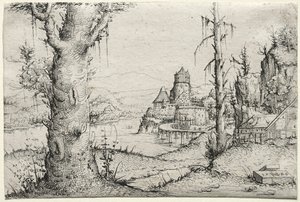 Paysage fluvial avec grand arbre à gauche