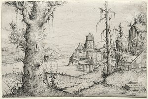 Paysage fluvial avec grand arbre à gauche, 1546