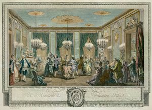Le Bal en robe de soirée chez Monsieur Villemorien Fila, gravé par L. Provost - Augustin de (after) Saint Aubin