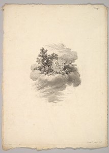 Vignette avec pièce de monnaie sur un nuage avec des roses à gauche et des colombes en dessous et à droite - Augustin de Saint Aubin