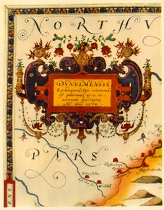 Cartouche par A. Ryther sur la carte de Saxton de Durham, 1576