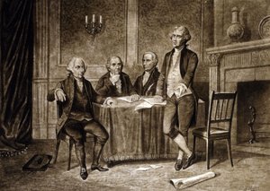 Dirigeants du Congrès continental de 1775 : John Adams, Robert Morris, Alexander Hamilton, Thomas Jefferson, dessin d