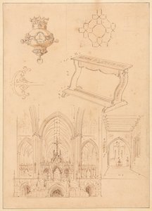 Dessins pour ornementation gothique, un prie-Dieu et deux croquis des intérieurs d