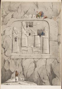 Sculpture rupestre assyrienne (Bavian), des Monuments de Ninive, pub. 1849 (gravure)