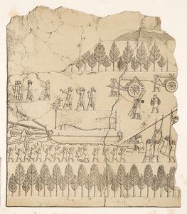 Assyriens déplaçant un taureau ailé sur un traîneau (Kouyunjik), des Monuments de Ninive, pub. 1849