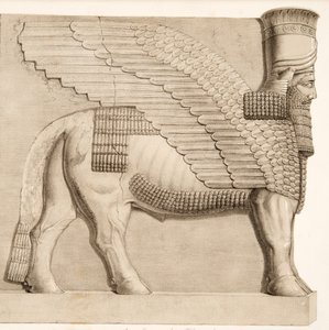 Taureau à tête humaine et figure ailée d