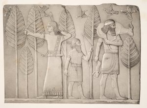 Chasseurs avec gazelle, lièvre et oiseaux (Khorsabad), des Monuments de Ninive, pub. 1849 - Austen Henry Layard