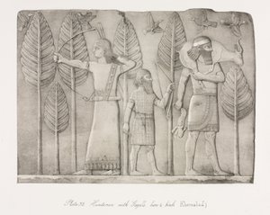 Monuments de Ninive : Planche 32, Chasseurs avec gazelle, lièvre et oiseaux (Khorsabad) - Austen Henry Layard