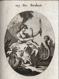 Allégorie de la méchanceté. Elle semble heureuse avec un aspic et un poignard. Ses attributs sont le serpent à visage humain symbolisant la fraude, le singe emblème de la malice, et l