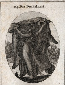 Allégorie des ténèbres. Elle étend un voile sombre qui empêche la pénétration de la lumière. Ses attributs sont la chouette et d