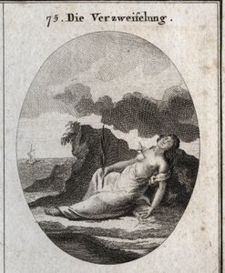Allégorie du désespoir représentant un poignard dans la poitrine et une branche de cyprès dans la main (arbre qui ornait autrefois les tombes). La boussole brisée est l