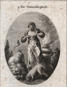 Allégorie de la bénignité nourrissant en même temps un agneau et un lion symbolisant l