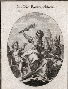 Allégorie du biais. Elle foule des échelles sous ses pieds et donne une récompense à un génie richement vêtu mais dont l