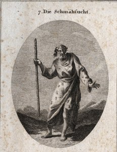Allégorie du blâme représentée par Momus, le dieu de la satire et de la réprimande, en vieil homme parlant et frappant la terre. Ses vêtements sont parsemés d