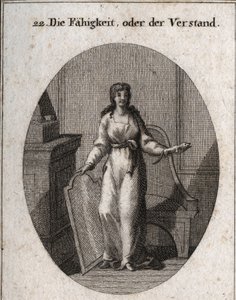 Allégorie de la capacité (ou intelligence). Le caméléon et le miroir sont ses attributs. Gravure dans « Iconologie oder Ideen aus dem Gebiete der Leidenschaften und Allegorien bildich dargestellt fur Zeichner, Mahler, Dichter, Gelehrte, Erzieher und freund - Austrian School