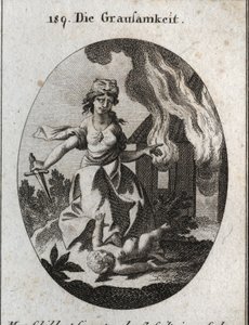 Allégorie de la cruauté. La tête de tigre sur laquelle elle est coiffée et le diamant sur le cœur signifient la dureté du cœur. Elle écrase un enfant sous son pied et tient un poignard ensanglanté d