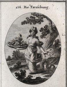 Allégorie de la tromperie. Parmi les fleurs du panier se trouve un serpent. Elle cache derrière elle plusieurs hameçons. Ses jambes se terminent par une queue de serpent pour montrer qu
