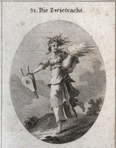 Allégorie de la discorde. Ses cheveux sont formés de vipères et son front est un bandage ensanglanté. Un soufflet dans une main et dans l