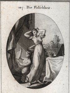 Allégorie de la fausseté. Son emblème est une sirène se regardant dans un miroir. Gravure dans « Iconologie oder Ideen aus dem Gebiete der Leidenschaften und Allegorien bildich dargestellt fur Zeichner, Mahler, Dichter... » - Austrian School