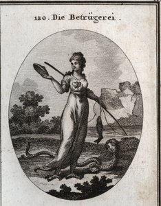 Allégorie de la fraude représentée avec un double cœur et tenant un masque. Elle tient une canne à pêche qui a mordu un poisson. Ses jambes se terminent en griffes de vautour et elle a une queue de scorpion. Son attribut est un serpent avec un visage humai