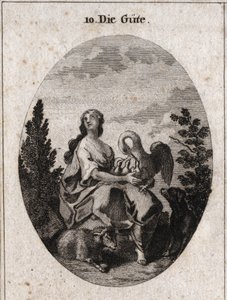 Allégorie de la bonté représentée par une beauté noble et abondante regardant le ciel avec amour. Le pélican symbolise la charité, le chien la fidélité et l