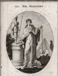 Allégorie de la gravité. La chaîne en or à laquelle est attaché un papier symbolise la confiance. La colonne et la statue signifient la conservation des actions glorieuses et la pierre dénote la pondération. Gravure dans « Iconologie oder Ideen aus dem Geb