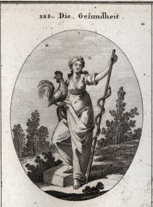 Allégorie de la santé représentée par une femme forte tenant un coq, animal consacré à Esculape, dieu de la médecine. Elle tient un bâton autour duquel est enroulé un serpent (décidu), animal le moins sujet aux maladies. Gravure dans « Iconologie oder Idee - Austrian School