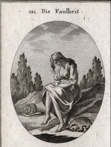 Allégorie de la paresse. Elle tient ses bras croisés. Son attribut est une tortue et une limace. Gravure dans « Iconologie oder Ideen aus dem Gebiete der Leidenschaften und Allegorien bildich dargestellt für Zeichner, Mahler, Dichter, Gelehrte, Erzieher un