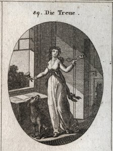 Allégorie de la loyauté dont les symboles sont la clé, le sceau et le chien. Gravure dans « Iconologie oder Ideen aus dem Gebiete der Leidenschaften und Allegorien » - Austrian School