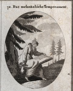 Allégorie du tempérament mélancolique. Il tient un livre et une bourse et sa bouche est fermée par un bandeau. Un oiseau est posé sur sa tête. Gravure dans « Iconologie oder Ideen aus dem Gebiete der Leidenschaften und Allegorien bildlich dargestellt für Z