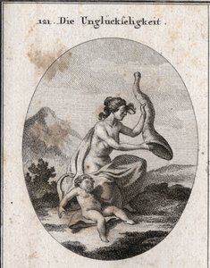 Allégorie du malheur représenté maigre et étendu. Ses attributs sont une corne d