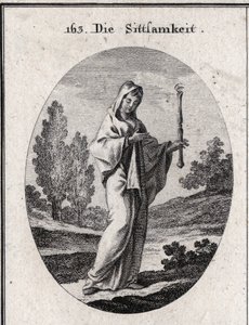Allégorie de la modestie. Elle tient un sceptre au-dessus duquel se trouve un œil signifiant que la modestie doit être clairvoyante sur elle-même. Gravure dans « Iconologie oder Ideen aus dem Gebiete der Leidenschaften und Allegorien bildich dargestellt fu