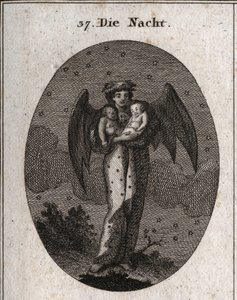 Allégorie de la nuit représentée avec des ailes de chauve-souris. Elle tient deux enfants endormis, l