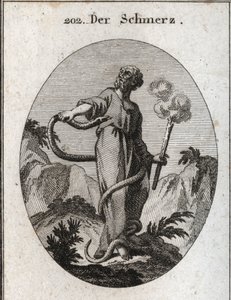 Allégorie de la douleur. Un serpent monstrueux entoure celui qui, après avoir lié ses pieds, gagne son corps et tente de mordre son cœur. Elle tient une torche qui fume encore, ce qui signifie que l
