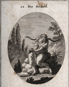 Allégorie de la patience assise sur des cailloux, pieds dans les épines, mains jointes et joug sur les épaules. Gravure dans « Iconologie oder Ideen aus dem Gebiete der Leidenschaften und Allegorien bildich dargestellt fur Zeichner, Mahler, Dichter, Gelehr