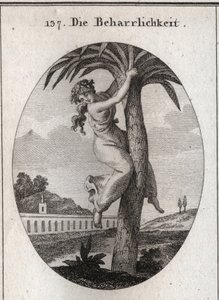 Allégorie de la persévérance. Le palmier, auquel une jeune fille est attachée, est le symbole de la vertu. Elle regarde la terre avec dédain. Gravure dans « Iconologie oder Ideen aus dem Gebiete der Leidenschaften und Allegorien ». - Austrian School
