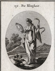 Allégorie de la prudence, ses attributs ordinaires sont le miroir et le serpent. Elle a deux visages, un jeune pour l