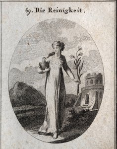 Allégorie de la pureté. Ses attributs sont la colombe et le lys, symboles de candeur. Gravure dans « Iconologie oder Ideen aus dem Gebiete der Leidenschaften und Allegorien bildich dargestellt fur Zeichner, Mahler, Dichter, Gelehrte, Erzieher und freunde H