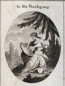 Allégorie de la réflexion. Un rayon de lumière part de son cœur, frappe le miroir sur ses genoux et reflète la lumière sur son front. Gravure dans « Iconologie oder Ideen aus dem Gebiete der Leidenschaften und Allegorien bildich dargestellt fur Zeichner, M - Austrian School