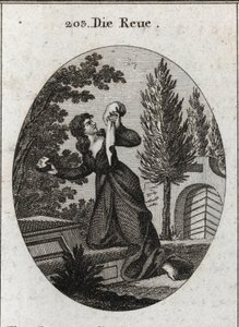Allégorie du regret représentée à genoux sur une tombe. Elle tient d