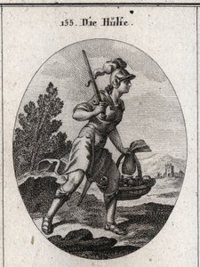 Allégorie du secours représentée en armure avec une épée. Elle porte une bourse et un panier plein de nourriture pour symboliser le secours en cas de calamités et de famine. Elle marche rapidement. Gravure dans « Iconologie oder Ideen aus dem Gebiete der L - Austrian School