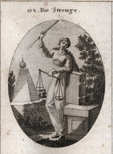 Allégorie de la rigueur représentée sous un aspect de férocité tenant de la main droite une verge de fer et s