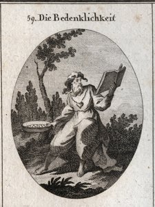 Allégorie des scrupules représentée par un vieil homme avec une chaîne en or à laquelle est attaché un cœur emblème de candeur et de bons conseils. Il tient un calendrier qu