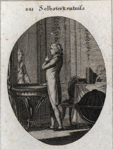 Allégorie de la connaissance de soi. Un jeune homme fait face à un miroir. Gravure dans « Iconologie oder Ideen aus dem Gebiete der Leidenschaften und Allegorien bildich dargestellt fur Zeichner, Mahler, Dichter, Gelehrte, Erzieher und freunde Hoherer Gesc